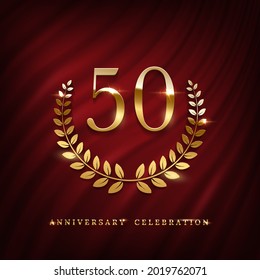 Anniversary celebration logo with golden number fifty template. Birthday, jubilee or wedding with laurel sign vector illustration. Invitation to 50th celebrate. Shiny number on red curtain background.