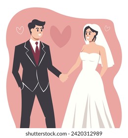 Anniversary celebration with a married couple, rings, veil, and bride's white dress paired with a groom in a black suit. Holding hands in a ceremony. Vector illustration of a joyful marital event.