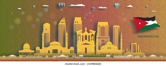 Anniversary celebration nation day Jordan with arab pattern background. Travel silhouette landmarks architecture of Jordan in amman with origami paper art, paper cut. Vector illustration