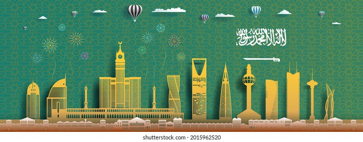 Anniversary Celebration Nation Day Saudi Arabia With Arab Pattern Background. Travel Silhouette Landmarks Architecture Of Saudi In Riyadh With Origami Paper Art, Paper Cut. Vector Illustration