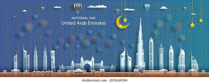 Anniversary celebration nation day United Arab emirates with arab pattern background. Travel silhouette landmarks architecture of UAE in abu dhabi with origami paper art, paper cut.