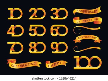 Anniversary celebration, numbers and ribbons vector realistic illustrations set. 3D jubilee decorations, garlands, congratulation. Birthday greeting golden elements isolated on black background