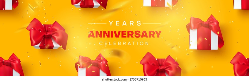 Anniversary Celebration, Poster With Gifts And Confetti. Holiday Discount Or Sale, Yellow Background, Vector Illustration