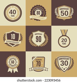 Anniversary celebration retro label icons set isolated vector illustration