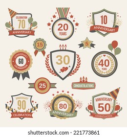 Anniversary celebration retro label set with decoration isolated vector illustration