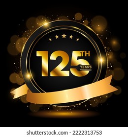 Anniversary celebration template design. Golden number 125 with sparkling confetti and ribbon, Vector illustration EPS10