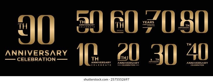 anniversary collection 10 to 90 years gold color, creative number design vector illustration. for birthday, greeting, special moment