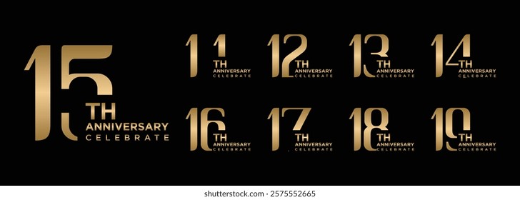 anniversary collection 11 to 19 years gold color, creative number design vector illustration. for birthday, greeting, special moment