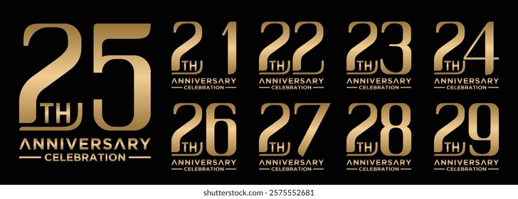 anniversary collection 21 to 29 years gold color, creative number design vector illustration. for birthday, greeting, special moment