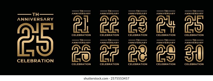 anniversary collection 21 to 29 years gold color, creative number design vector illustration. for birthday, greeting, special moment