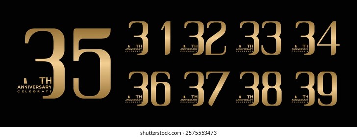 anniversary collection 31 to 39 years gold color, creative number design vector illustration. for birthday, greeting, special moment