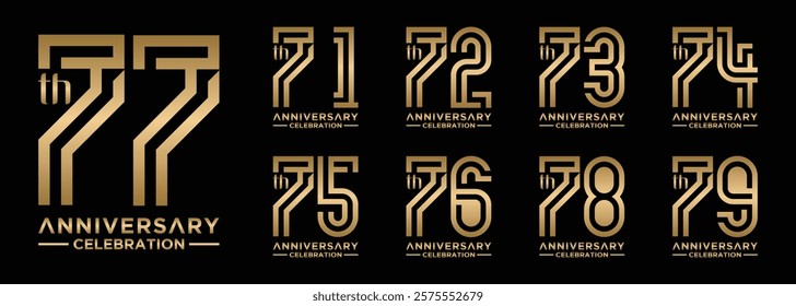 anniversary collection 71 to 79 years gold color, creative number design vector illustration. for birthday, greeting, special moment