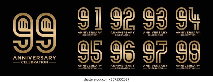 anniversary collection 91 to 99 years gold color, creative number design vector illustration. for birthday, greeting, special moment