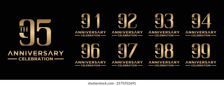 anniversary collection 91 to 99 years gold color, creative number design vector illustration. for birthday, greeting, special moment