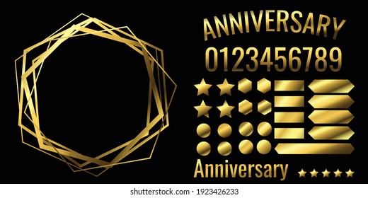 Aniversario. Colección de elementos dorados, marco de borde. Plantilla de diseño para bodas, cumpleaños, invitación. Hexagón. Cartel, afiche, postal. Colección. Gemétrico