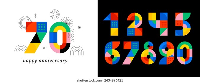 Anniversary concept design. Modern geometric style. Fireworks and celebration colorful background, set of numbers. Vector illustration