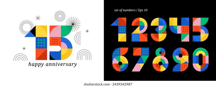 Anniversary concept design. Modern geometric style. Fireworks and celebration colorful background, set of numbers. Vector illustration