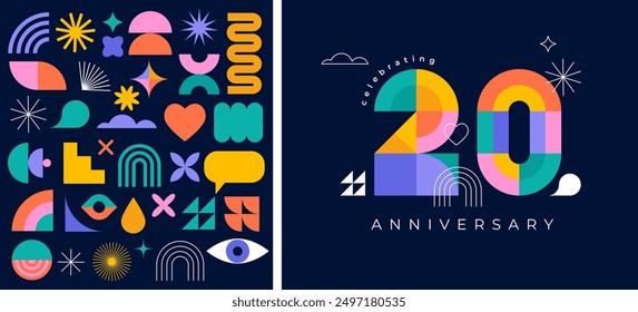 Anniversary concept design. Modern geometric style. Fireworks and celebration colorful background, set of numbers. Vector illustration