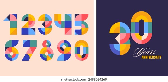 Anniversary concept design. Modern geometric style. Fireworks and celebration colorful background, set of numbers. Vector illustration