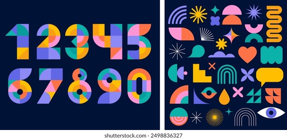 Diseño de concepto de aniversario. Estilo geométrico moderno. Fuegos artificiales y celebración de fondo colorido, conjunto de números. Ilustración vectorial