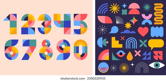 Diseño de concepto de aniversario. Estilo geométrico moderno. Fuegos artificiales y celebración de fondo colorido, conjunto de números. Ilustración vectorial