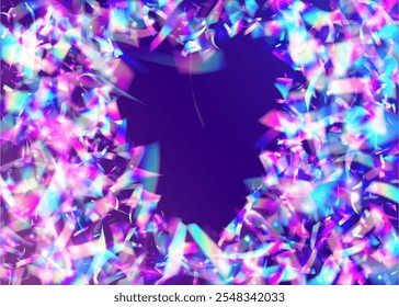 Anniversary Confetti. Light Iridescent Explosion. Pink Art Background. Falling Paper. Isolated Poster. Hologram Effect. 3d Ribbon. Happy Gradient. Purple Anniversary Confetti