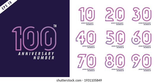 Anniversary and date numbers set modern numeral symbol design for 10-100 poster vector illustration