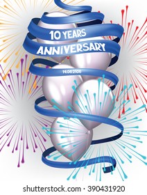 ANNIVERSARY DAY BANNER CARD WITH  FIREWORKS LONG BLUE RIBBON AND AIR BALLOONS