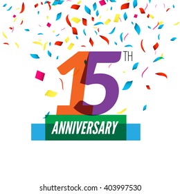 Anniversary design. 15th icon anniversary. Colorful overlapping design with colorful confetti.