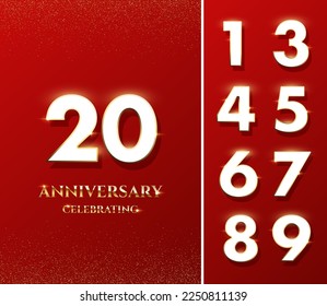 Anniversary design template with 3D white numbers with glow and sparkle of golden frame and dust vector illustration. Luxury anniversary invitation with numbers collection and text on red background