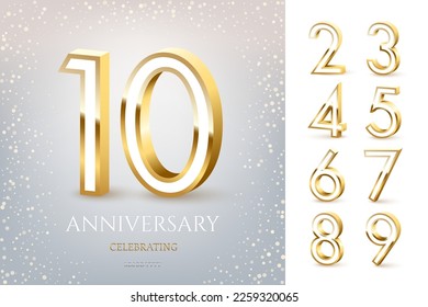 Anniversary design template with gold numbers and glitter of dust shower vector illustration. 3D isolated golden numbers and text, luxury invitation and greeting card for anniversary event celebration