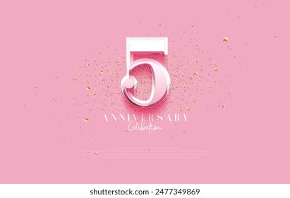 Vector de diseño de aniversario con el número 5º 3d en color metálico plateado sobre fondo rosa suave. Fondo de Vector para publicaciones en redes sociales, saludos, afiches e invitaciones a fiestas.