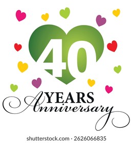 Anniversary emblem design. Modern negative space set of numbers. 40 years with colorful multicolored hearts on white background vector illustration