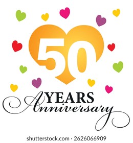 Anniversary emblem design. Modern negative space set of numbers. 50 years with colorful multicolored hearts on white background vector illustration