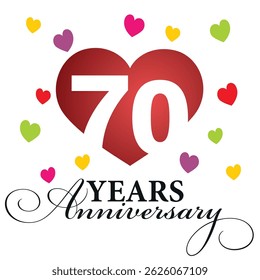 Anniversary emblem design. Modern negative space set of numbers. 70 years with colorful multicolored hearts on white background vector illustration