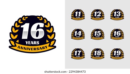 Anniversary emblem logo collections. Birthday number for celebration moment with wheat and ribbon icon. 11, 12, 13, 14, 15, 16, 17, 18, 19, years logo set