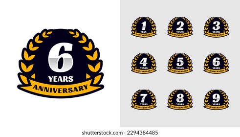 Anniversary emblem logo collections. Birthday number for celebration moment with wheat and ribbon icon. 1, 2, 3, 4, 5, 6, 7, 8, 9, years logo set