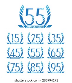 Anniversary emblems in abstract style. 15th, 25th, 35th, 45th, 55th, 65th, 75th, 85th, 95th celebration sign collection.