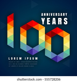 Anniversary emblems celebration logo, 100th birthday vector illustration, with dark blue background, modern geometric style and colorful polygonal design. 100 anniversary template design