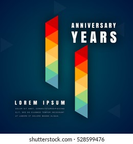 Anniversary emblems celebration logo, 11th birthday vector illustration, with dark blue background, modern geometric style and colorful polygonal design. 11 anniversary template design