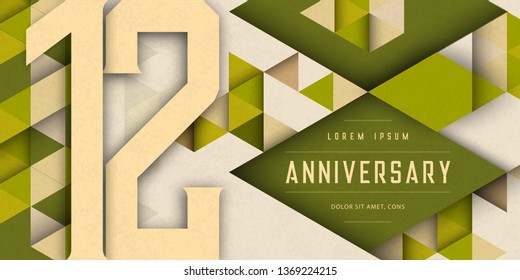 Anniversary emblems celebration logo, 12th birthday vector illustration, with texture background, modern geometric style and colorful polygonal design. 12 Anniversary template design, geometric design