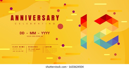 Anniversary emblems celebration logo, 12th birthday vector illustration, with yellow background, modern geometric style and colorful polygonal design. 12 anniversary template design