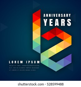 Anniversary emblems celebration logo, 12th birthday vector illustration, with dark blue background, modern geometric style and colorful polygonal design. 12 anniversary template design