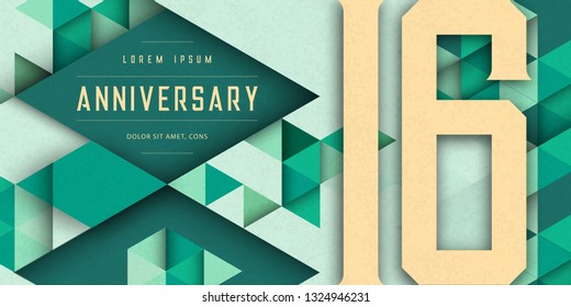 Anniversary emblems celebration logo, 16th birthday vector illustration, with texture background, modern geometric style and colorful polygonal design. 16 Anniversary template design, geometric design