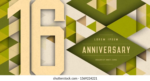 Anniversary emblems celebration logo, 16th birthday vector illustration, with texture background, modern geometric style and colorful polygonal design. 16 Anniversary template design, geometric design