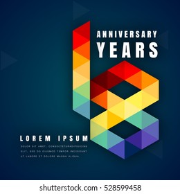 Anniversary emblems celebration logo, 18th birthday vector illustration, with dark blue background, modern geometric style and colorful polygonal design. 18 anniversary template design