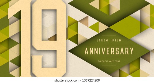 Anniversary emblems celebration logo, 19th birthday vector illustration, with texture background, modern geometric style and colorful polygonal design. 19 Anniversary template design, geometric design