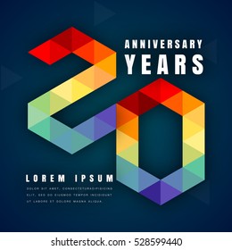 Logo de la celebración del aniversario, ilustración vectorial de 20 años, con fondo azul oscuro, estilo geométrico moderno y diseño polígonal colorido. Diseño de plantillas de 20 años