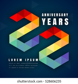 Anniversary emblems celebration logo, 22th birthday vector illustration, with dark blue background, modern geometric style and colorful polygonal design. 22 anniversary template design