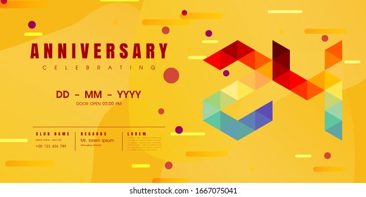 Jubiläumsembleme, 24. Geburtstagsgrafik, Vektorillustration mit gelbem Hintergrund, modernem geometrischem Stil und bunter polygonalem Design. 24-Jährige Template-Design